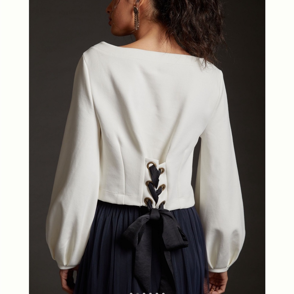 Anthropologie Maeve Ponte White Balloon Sleeve Lace back Pullover Top NEW